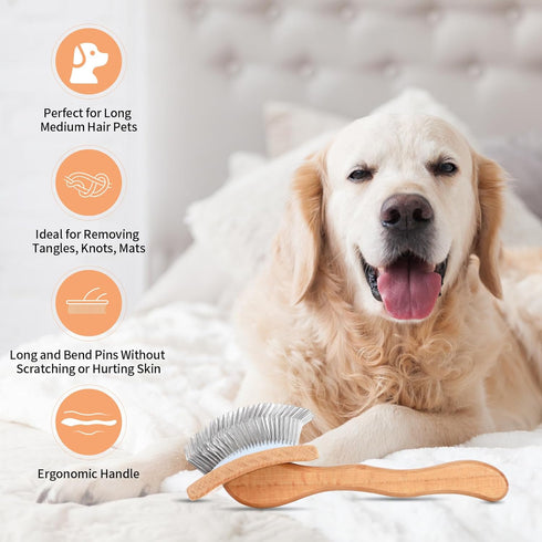 Dog Slicker Brush for Shedding and Grooming Medium or Long Haired Cats, Extra Long & Soft Pin Slicker Brush for Removes Loose Hair, Tangles, Knots...
