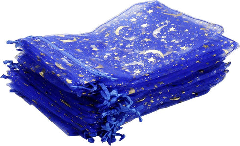 100Pcs 4x6 Inches Sheer Organza Drawstring Pouches Stars and Moon Wedding Party Favor Jewelry Candy Gift Bags (Blue)...
