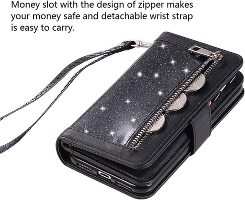 EYZUTAK Wallet Case for iPhone Xs iPhone X,Magnetic Handbag Zipper Pocket PU Leather Flip with 9 Card Slots and Wrist Strap Folio TPU Inner Stand ...