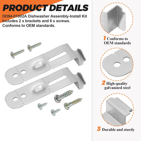 DD94-01002A Dishwasher Assembly-Install Kit by Beaquicy - Replacement for Samsung Dishwashers - Includes 2 Mounting Brackets and 6 Mounting Screws - Replaces AP4450818 2077601 PS4222710