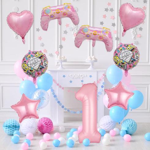 Pink Video Game Balloons, Video Game Controller Birthday Number Mylar Foil Balloon, Level Up Balloons for Girls Game On Birthday Decorations Video...