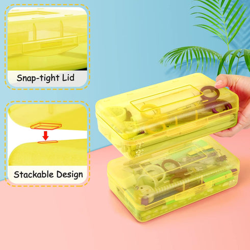 Sooez 1 Pack Clear Pencil Box, Plastic Hard Pencil Case with Stickers, Large Crayon Box with Snap-tight Lid, Stackable Storage Box Art Craft Marke...