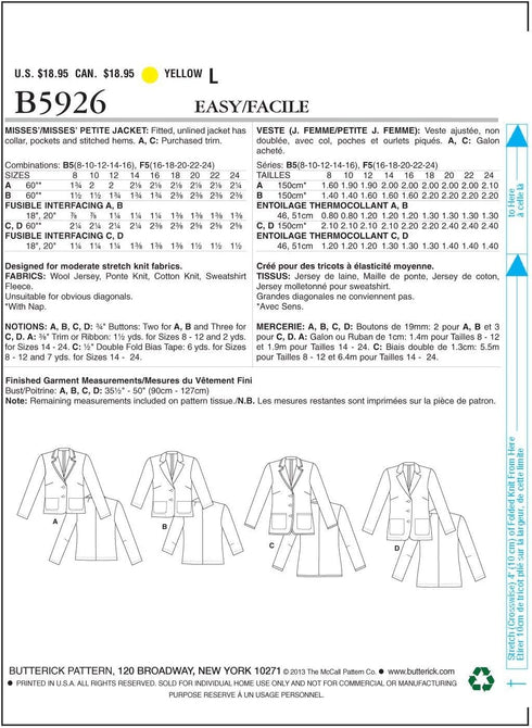Butterick Patterns B5926F50 Misses'/Misses' Petite Jacket Sewing Template, Size F5 (16-18-20-22-24)...