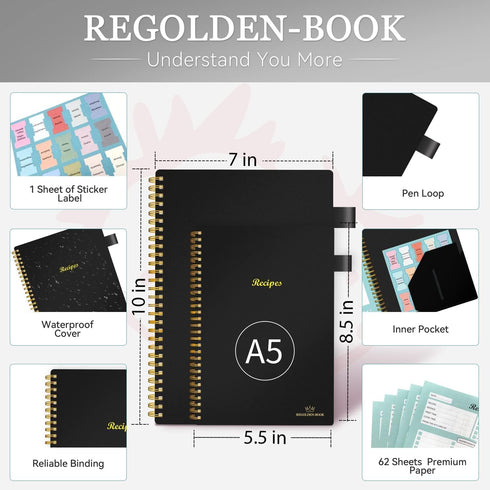 Recipe Book to Write in Your Own Recipes, Blank Recipe Notebook with Tabs for Family Cooking Lover, 120 Pages Recipe Organizer, 8.5 x 5.5", Black...