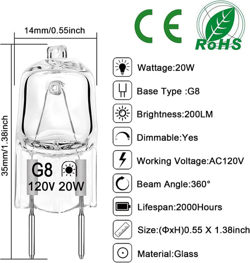 G8 Halogen Bulb 20W 120V Dimmable Xenon Bulb (12 Pack) G8 Base 2Pin T4 JCD Type 2700K Warm White Under Cabinet Puck Lighting Replacements...