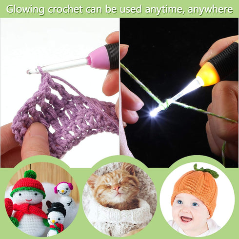 9 Pieces Lighted Crochet Hooks with Case LED Light Crochet Hooks Set Knitting Needles Craft Yarn Weaving Needles Comfortable Smooth Handle for Kni...