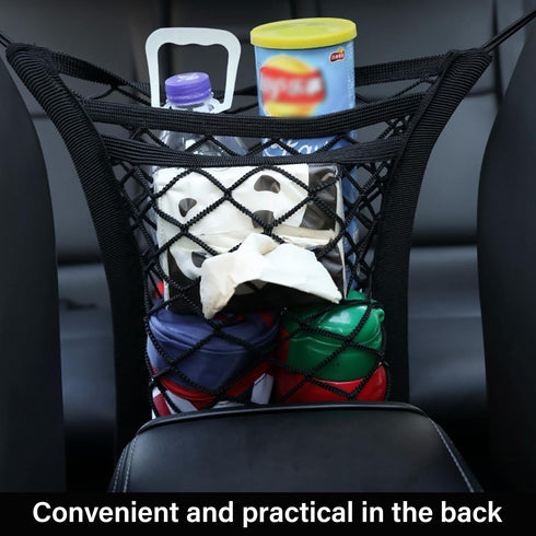 3-Layer Car Mesh Net Organizer, Four-Side Elastic Seat Net Cargo Tissue Purse Holder Between Seats, Auto Driver Storage Netting Pouch, Barrier of ...