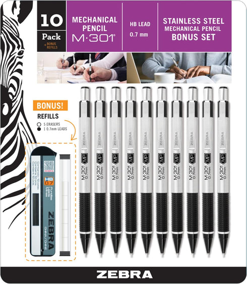 Zebra Pen M-301 Stainless Steel Mechanical Pencil, Premium Metal Barrel, Medium Point, 0.7mm, Black Grip, 10-Pack Plus Lead and Erasers, (54319)...