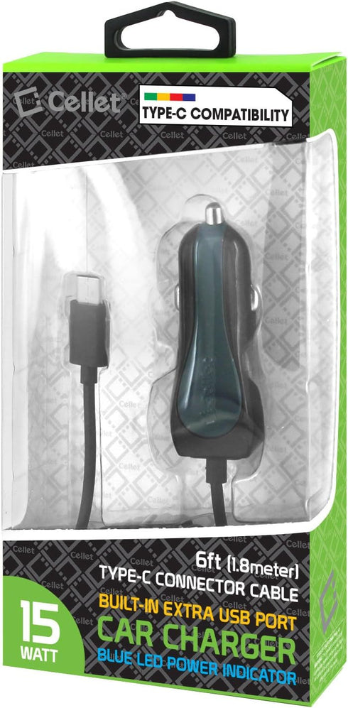 Cellet USB-C Car Charger, Fast Charging 15 Watt, 2 USB Port Car Charger with 4feet USB-C Charging Cable Compatible for Samsung Galaxy Z Flip, Z Fo...