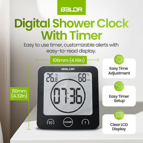 BALDR Digital Shower Clock with Timer - Black - Water-Resistant Shower Timer, Countdown Timer Clock with Temperature and Humidity, Digital Clock f...