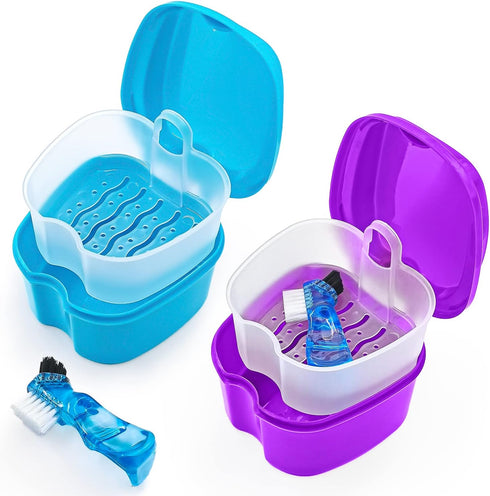 2 Pack Denture Case Dental Mouthguard Case, Denture Bath Box Cleaning with Brush, Strainer Basket and Lid Waterproof - Purple and Blue...