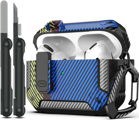 AirPods Pro Case Cover with Cleaner Kit, Military Hard Shell Protective Armor with Lock for AirPod Pro Charging Case, Front LED Visible, Carbon Fi...