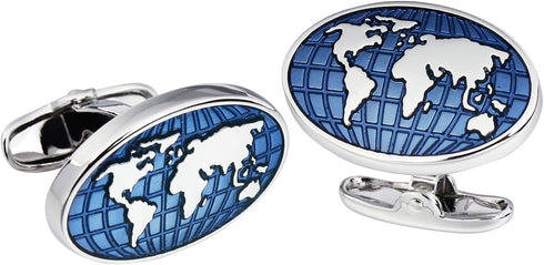 Blue World Map Cufflinks for Men with Gift Box....