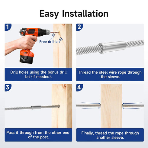 LuckIn Cable Railing Kit, 50 Pack T316 Stainless Steel Protector Sleeves Cable Railing Hardware for 1/8" Wire Rope, Cable Railing System for Stair...