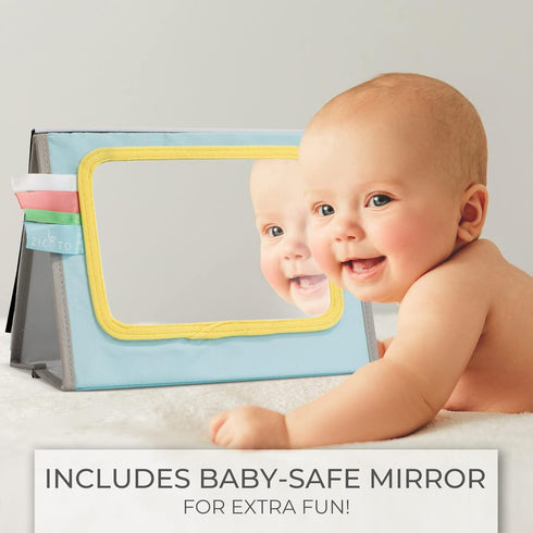 ZICOTO Soft Tummy Time Book with Large Stimulating Baby Safe Mirror - High Contrast Montessori Sensory Developmental Toy for Newborn/Infant 0-3 & ...