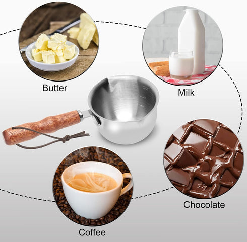 150ML Stainless Steel Boiler Pot with Heat Resistant Wood Handle, Melting Pot Universal for Melting Chocolate, Butter, Cheese, Caramel and Candy...