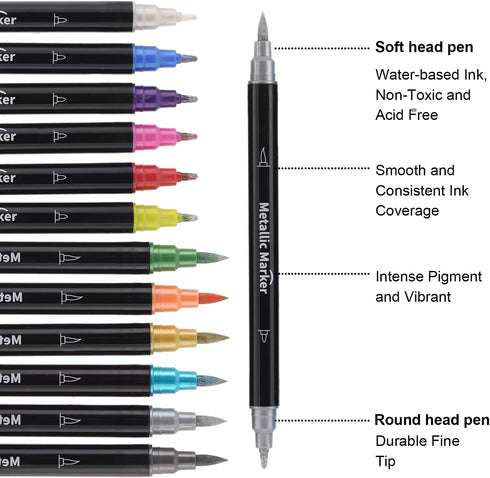 Metallic Marker Pens - Dual Tip Brush and Fine Point Pens for DIY Album, Black Cards, Rock Painting, Card Making, Scrapbooking, Fabric, Metal, Cer...
