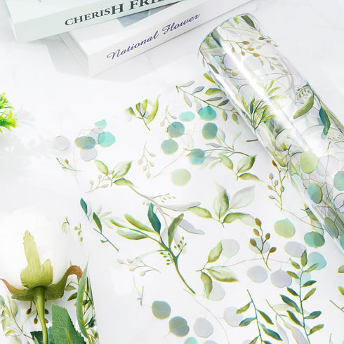 Whaline Eucalyptus Cellophane Wrap Roll Greenery Clear Wrapping Paper Green Leaves Plastic Gift Basket Wrap for Wedding Birthday Baby Shower Party...