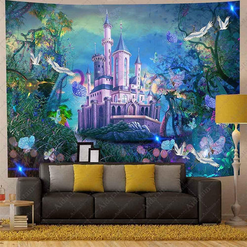 Aidatain Fairytale Forest Castle Tapestry For Teen Girl Fantasy Wonderland Nature Plants Landscape Wall Hanging Tapestries Flannel Large Size 80"6...