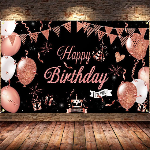 KOKAR Happy Birthday Decorations Banner, Large Black and Rose Gold Happy Birthday Banner Sign, Happy Birthday Backdrop for Girls Women Birthday Pa...