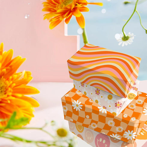 12 Sheets Boho Wrapping Paper Retro Groovy Gift Wrap Paper, Smiley Face Floral Daisy Pattern Wrapping Paper for Baby Shower Birthday Wedding DIY C...