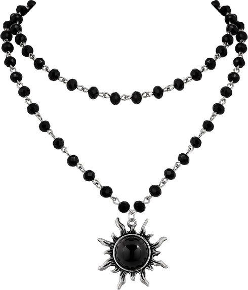 Sacina Gothic Black Sun Necklace, Black Sun Crystal Pendant, Black Bead Choker Necklace, Gothic Necklace, Goth Necklace, Halloween Christmas New Y...