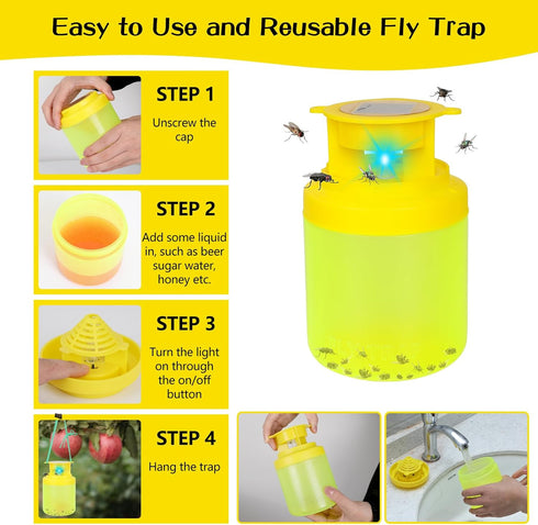 Outdoor Fly Trap, Fly Traps Outdoor Hanging Solar Powered, Reusable Fly Trap Indoor with Fly Bait, Non-Toxic Flying Insects Killer for Indoor Outd...