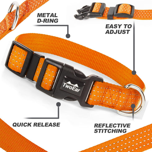 TwoEar Heavy Duty Dog Collar Reflective, Adjustable Nylon Pet Collar with Durable Buckle for Smal Breeds Dog?S, Orange?...