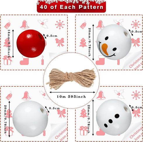 Christmas Snowman Wooden Beads Rustic Farmhouse Beads Polished 160 Pieces Christmas Wooden Beads Wooden Craft Beads with 32.8 Feet Rope Craft Supp...