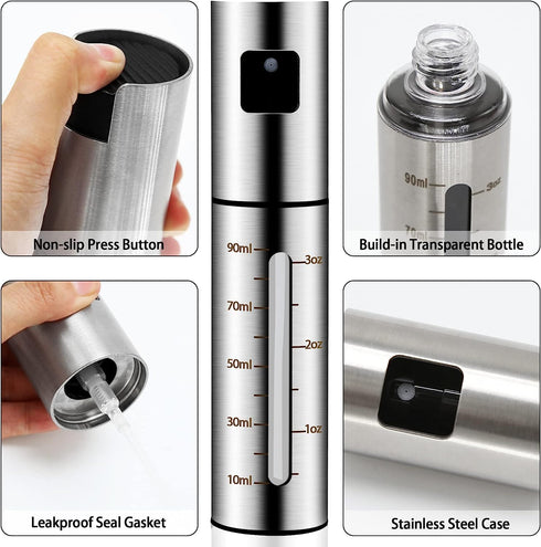 A&J Essentials Oil Sprayer for cooking- 100mL stainless steel, modern, durable, sleek design - Baking, Salad, Grilling, BBQ, Roasting - Oil dispen...