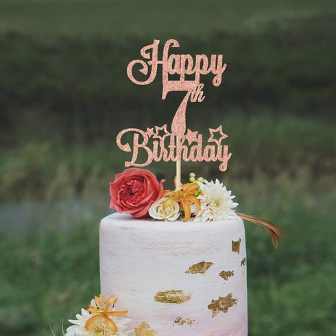 Happy 7th Birthday Cake Topper, Cheers to 7 Years, Hello 7, 7th Birthday Anniversary Party Decorations Rose Gold Glitter....