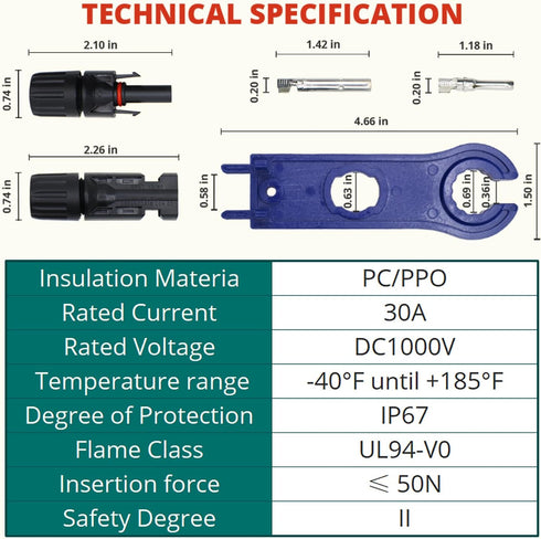 MC-4 Connector Photovoltaic Connectors 5 Pairs (Male/Female) of Solar Connectors, Plus a Complimentary Pair of Wrenches Durable Photovoltaic Cable...