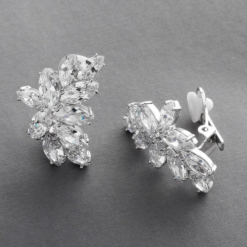 Mariell Clip-On Cubic Zirconia Crystal Bridal Earrings, Marquis Shape CZ Curved Clusters, Non-Pierced Earrings for Wedding, Bridesmaids, Homecomin...