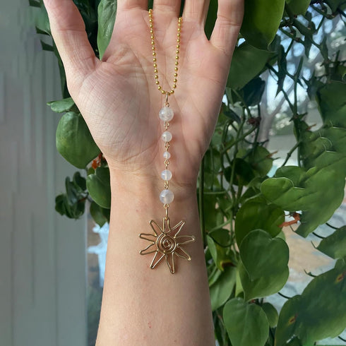 Sun Hanging Car Charm,Green and Gold Rear View Mirror Accessories Cute Boho Dangling Sun Car Decor Handmade Healing Crystals Stones Ornament Gifts...
