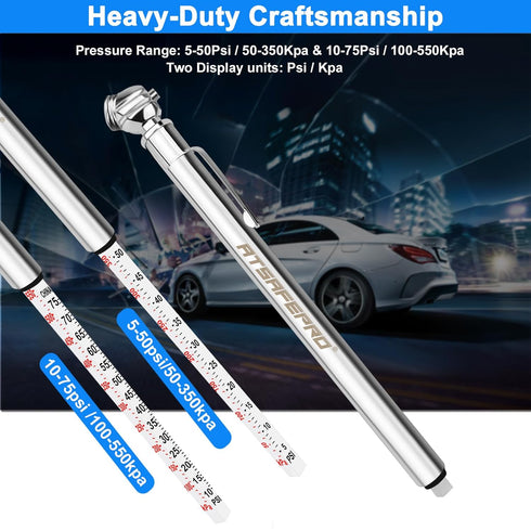 Pencil Tire Pressure Gauge (5-50PSI&10-75PSI), Sealed Zinc Alloy Nozzle and Silvery Aluminum Tube Body, Suitable for Bikes,Cars, Trucks...