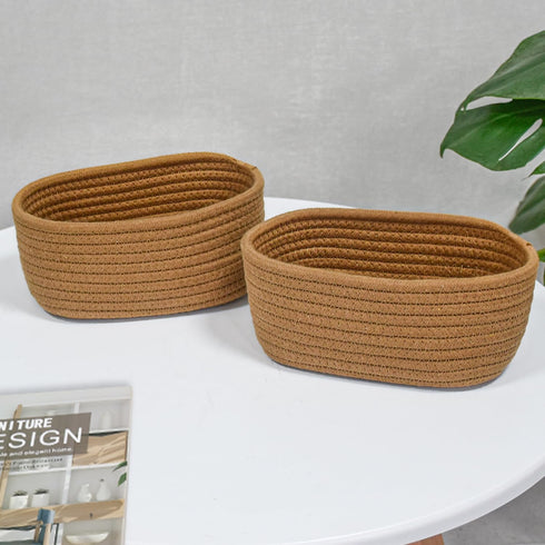 ?2 Pack?ABenkle Small Woven Baskets, Tiny Oval Shallow Storage Baskets, Mini Cotton Rope Empty Decorative Basket, Boho Little Organizer Bins for B...