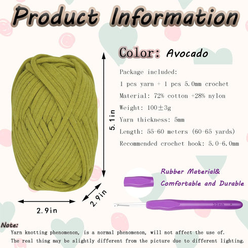 1PCS 100g Beginners Avocado Yarn for Crocheting and Knitting,Cotton Filling Yarn 60 Yards Cotton Nylon Blend Yarn with Stitches for Hand DIY Bag B...