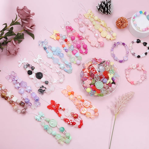Lemonkey 150pcs Cute Assorted Beads Acrylic Mix Random Style Flower Butterfly Candy Star Kawaii Beads for Jewelry Making Bracelet Necklaces(Red Ro...
