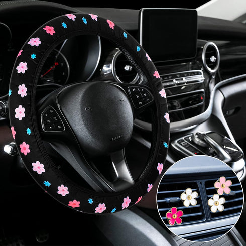 Frienda Cute Steering Wheel Cover Flower Steering Wheel Cover Floral Steering Wheel Cover for Girls with 4 Pieces Cute Flowers Car Air Vent Clips ...