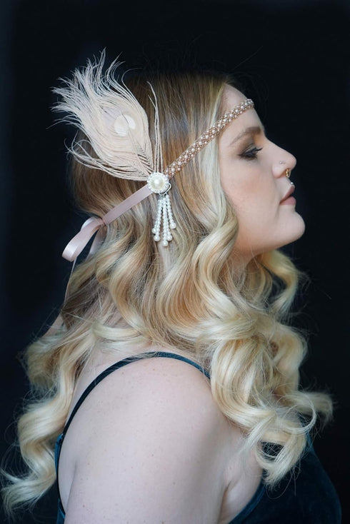 SWEETV 1920s Headpiece Flapper Headband, Pearl Peacock Feather Hair Band, Great Gatsby Accessoreis for Women, Blush Pink...