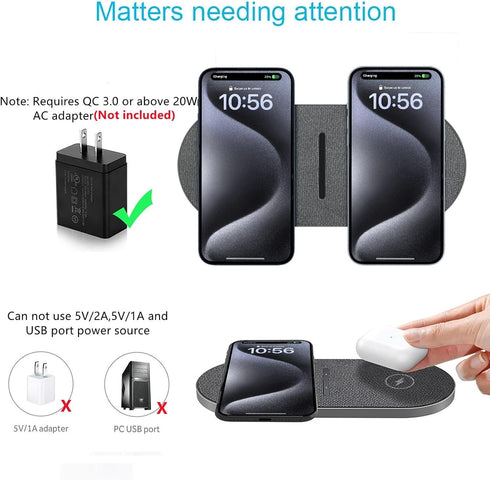 40W Wireless Charging Pad, Dual 20W Fast Wireless Charging Mat for iPhone 15 14 13 12 11/Pro/Pro Max/SE/X/XS,Apple Airpods 3/2/Pro,15W Wireless Ch...