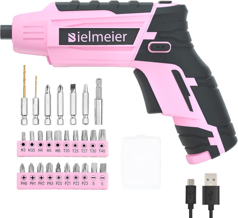 Bielmeier 4V Pink Cordless Screwdriver Set, Small Electric Drill for Women, Rechargeable with 27 Piece Driver Set, Mini Electric Screwdriver with ...