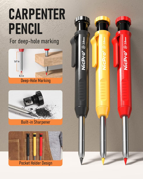 Nicpro 10 Pack Carpenter Pencil Set with Sharpener, Mechanical Carpenter Pencils with 21 Refill, Automatic Center Puncha and Carbide Scribe Tool, ...