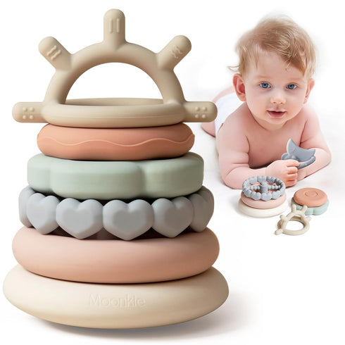 Moonkie Stacks of Circles Soft Teething Toy | Educational Learning Baby Toy | Stacking Ring Toys for Babies Boy and Girl | 7 Piece Teethers Set...