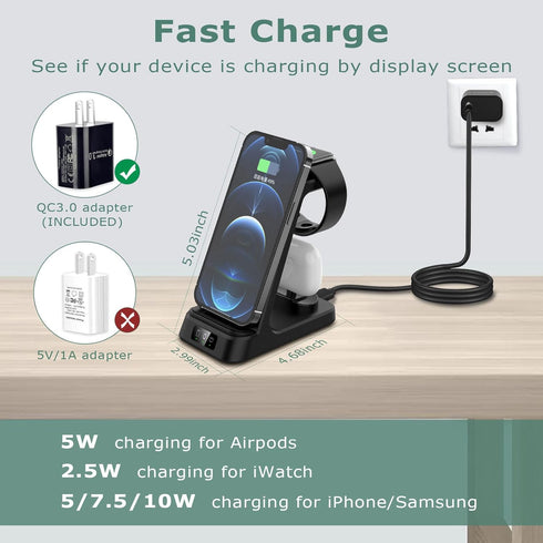 DDUAN Wireless Charging Station, 3 in 1 Fast Charger Stand, Wireless Charger for iPhone15/14/13/12/11/Pro/Max/X/XS/Max/XR/8 & Apple Watch 8/7/SE2/...