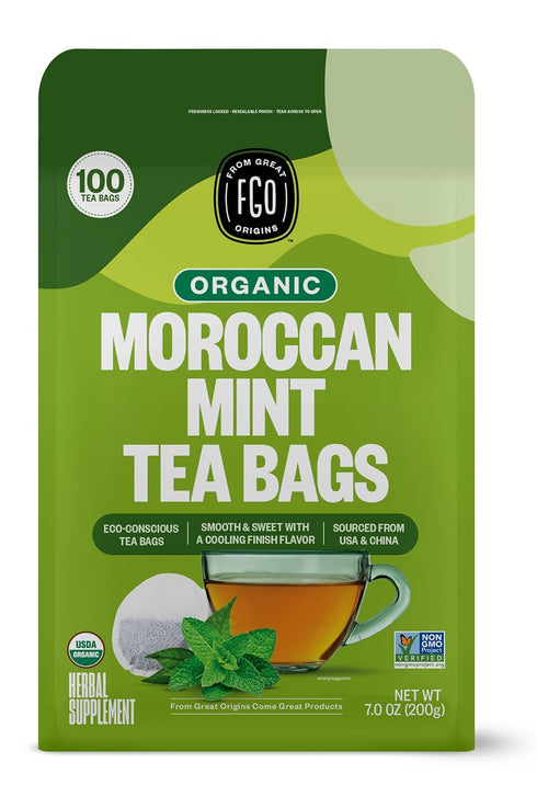FGO Organic Moroccan Mint Green Tea, 100 Count, Eco-Conscious Tea Bags, Resealable Bag, Packaging May Vary (Pack of 1)...