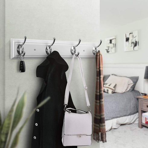 Coat Rack Wall Mounted White, 17" Wooden Modern Wall Coat Hanger with 4 Hooks, Heavy Duty Zinc Alloy Wall Hook Rack for Hanging Coats, Keys, Bags,...