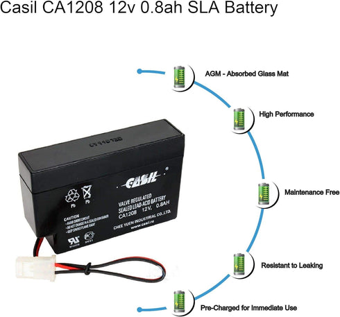 Casil 12V 0.8Ah AGM Sealed Lead Acid Deep Cycle Rechargeable Battery for CP1208 DJW12-0.8 LP12-0.8 NP0.8-12 PS-1208 SLA1000 UB1208 TP12-0.8 SP12-0...