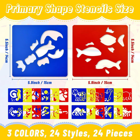 24 Pieces Stencils for Kids 5.9 x 5.5 Inches Drawing Stencils Chalk Stencils Large Washable Animal Themed Primary Shape Template for Kids Toddlers...