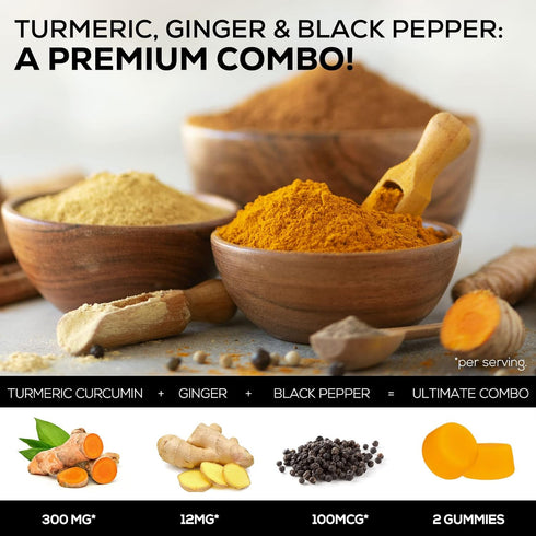 Turmeric Curcumin & Ginger Gummies 95% Curcuminoids with Black Pepper Extract for Max Absorption Joint Support, Nature's Tumeric Herbal Extract Su...